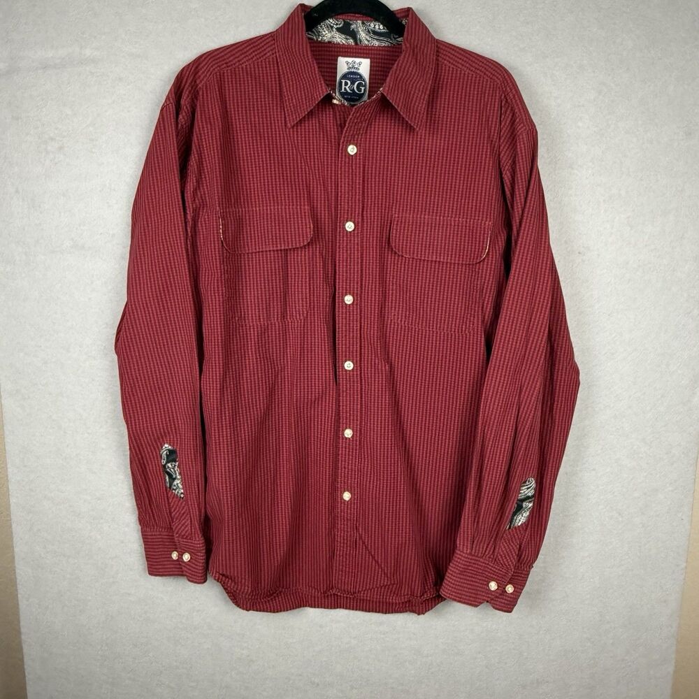 R&G London New York Men's Button Up Red Black Plaid Shirt XL Cotton Paisley Cuff